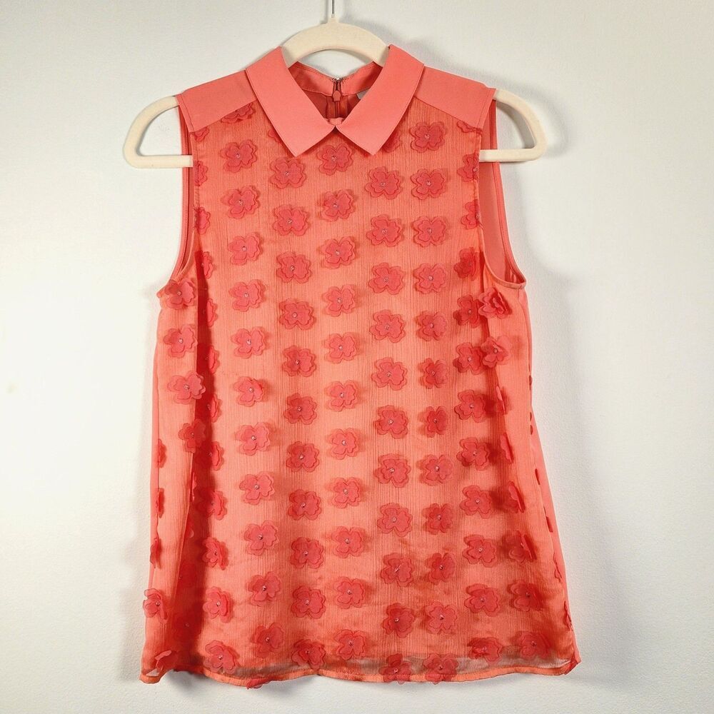 Halogen 3D Floral Top XS Coral‎ Peter Pan Collar Feminine Spring